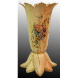 A Royal Worcester blush ivory leaf moulded spill vase, gilt trim and painted flowers on apricot