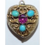 A Victorian gold, garnet and turquoise heart locket/pendant, c.1860/70, the floral engraved body
