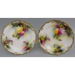 A Royal Worcester pair of dessert plates, both with painted floral decoration and gilt edges, signed