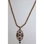 A late Victorian 9ct rose gold amethyst and pearl pendant, of oval pierced form, to a belcher link