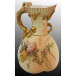 A Royal Worcester blush ivory lobed jug, decorated with enamel and gilt flowers against apricot