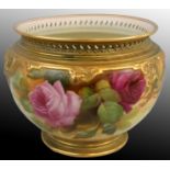 A Royal Worcester blush ivory large jardiniere, painted pink and magenta rose decoration, puce