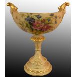 A Royal Worcester blush ivory two-handled pedestal bowl, scroll handles and painted floral