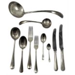 A silver canteen of Hanoverian with rat tail cutlery for twelve place settings, by J J, London 1972,