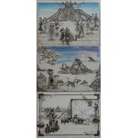 A Chinese set of three futuristic scenes, pen and colour wash, indistinctly signed ? Tsang?, red