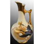 A Royal Worcester blush ivory pitcher ewer jug, depicting a painted goose flying towards sunset,