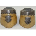 An Edwardian pair of silver mounted foal's hoof pin cushions, Birmingham 1903, with applied