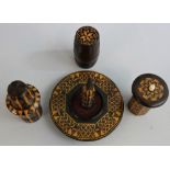 A Victorian Tunbridge ware ring tree, a scent bottle holder with glass bottle interior, a barrel