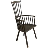 A late 18th Century Provincial probably ash and elm painted stick-back armchair, the comb shaped top