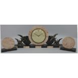 A French Art Deco clock garniture, the circular dial mounted on a pink marble disc, flanked by