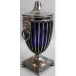 An electroplated and blue glass lidded vase, by Barker Ellis, in a Neo Classical design with a
