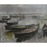 César Bolletti (French c.1915 - 1995), "Barques de pecheurs du Lac de Legine, (Adridtique), oil on