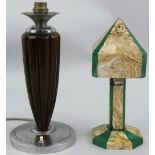 A French Art Deco celluloid desk lamp, of alternating green and mottle brown panels, height 26 cm