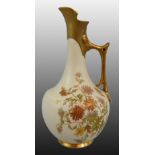 A Royal Worcester blush ivory ewer jug, painted flowers against apricot ground, gilt handle, puce