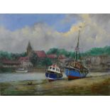 Jack Rigg (1927 -), "Down South", two beached vessels, oil on board signed and dated 2019, titled