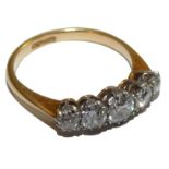 A five stone diamond ring, claw set with old cut stones, total weight approximately 1 ct, size L.