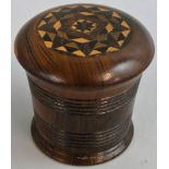 A Victorian Tunbridge ware nutmeg grater, of tapering form, with a geometric pattern to the cover,