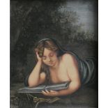 A 20th century symbolistic miniature, unsigned, depicting a semi naked lady reading a book by a