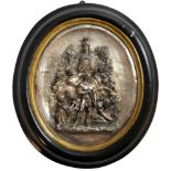 An electrotype relief oval panel, entitled La Paix 1815, signed indistinctly, gilt and ebonised