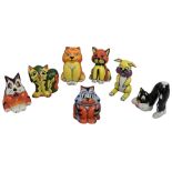 Seven various animal figures by Lorna Bailey, to include tabby cat, bunny, fox and lion, all
