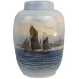 A Royal Copenhagen lidded vase/ginger jar, with two-masted Danish schooner motif, factory mark