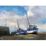 Jack Rigg (1927 -), "South Coast Sketch", three beached vessels, oil on board signed and dated 2019,