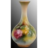 A Royal Worcester blush ivory pattern gourd vase, painted pink and magenta rose decoration, puce