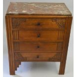 A French Art Deco marble topped chest of drawers, the varigated brown panel over four long drawers