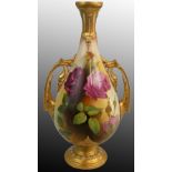 A Royal Worcester blush ivory two-handled baluster vase, painted pink and magenta roses on an