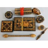 A Victorian Tunbridge ware card case, a puzzle box, a glove stretcher, holder for counters, screw