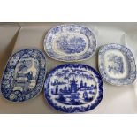 Four blue and white meat platters, by Clews Warranted Staffordshire, Vintage J. M & S, Whampoa "