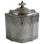 A George III silver bright cut tea caddy, by John Robins, London 1794, of oval shaped form, with