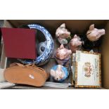 A set of Natwest bank Wade ceramic pig money boxes, loose stamps first day covers, cased binoculars,