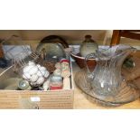 Two pancheons, glass jug and bowl set, ceramic eggs, phonograph records, miniature picnic basket