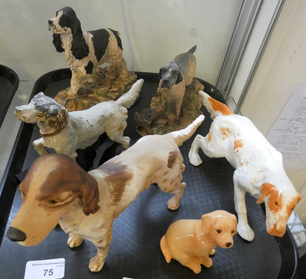 Goebel figure of a standing dog, cold painted spelter figure of a dog together with four others (6)