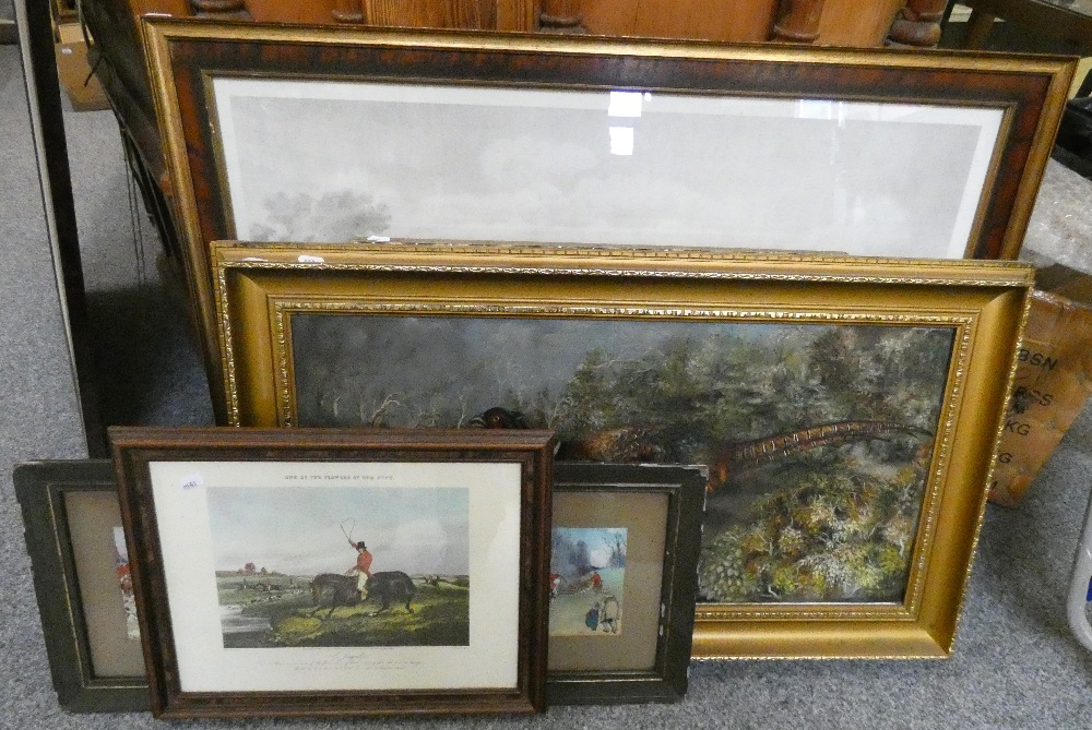 Unsigned, 'Pheasant', oil on canvas, 'L'arrive', a French horse racing print and various hunting