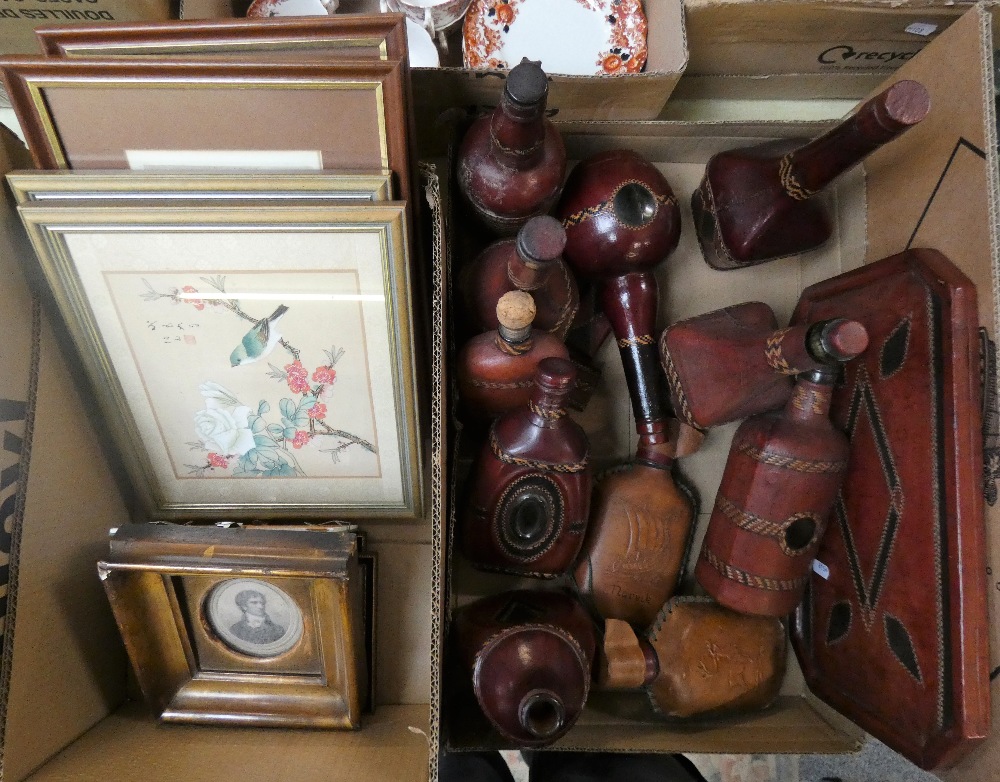 A collection of leather bound South African glass flasks, leather bound tea tray, leather bound