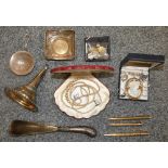 A shell cameo brooch (AF) a silver pin dish, an electroplated wine funnel and other wares