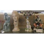 A Grecian bust together with a sculpture of a seated lady, two Myson style figurines (4)
