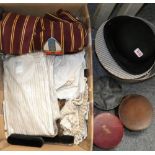 A box of miscellaneous linen, 1930's evening shirts, bowler hat, boating jacket, collars and cuff