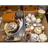 A quantity of meat platters, pewter coffee pot, plated tea pot, cased binoculars, Withernsea