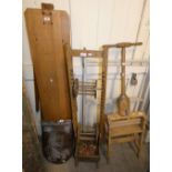 A pine mangle and poshe possibly a wool winder, vintage ironing board and toilet seat