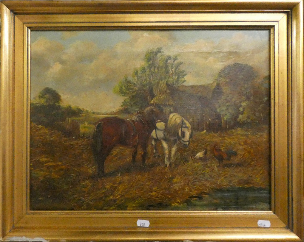 A 20th century English school farmyard scene, oil on canvas, unsigned