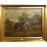 A 20th century English school farmyard scene, oil on canvas, unsigned