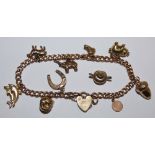 A 9ct gold curb link bracelet mounted with various charms, 18 gms