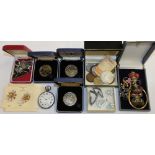 A silver open face keyless wound pocket watch, a silver bangle, various costume jewellery and coins