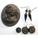 A pair of Victorian jet ear pendants A/F and a cameo brooch