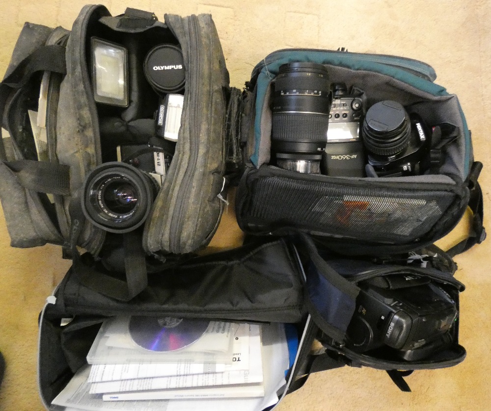 A Sony video 8 handy cam, Olympus OM/4, cameras and Pentax K100D