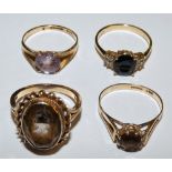 Four 9ct gold dress rings set with various gemstones, gross weight 10 gms