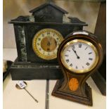 A slate and marble mantle clock together with an inlaid mantle clock (2)